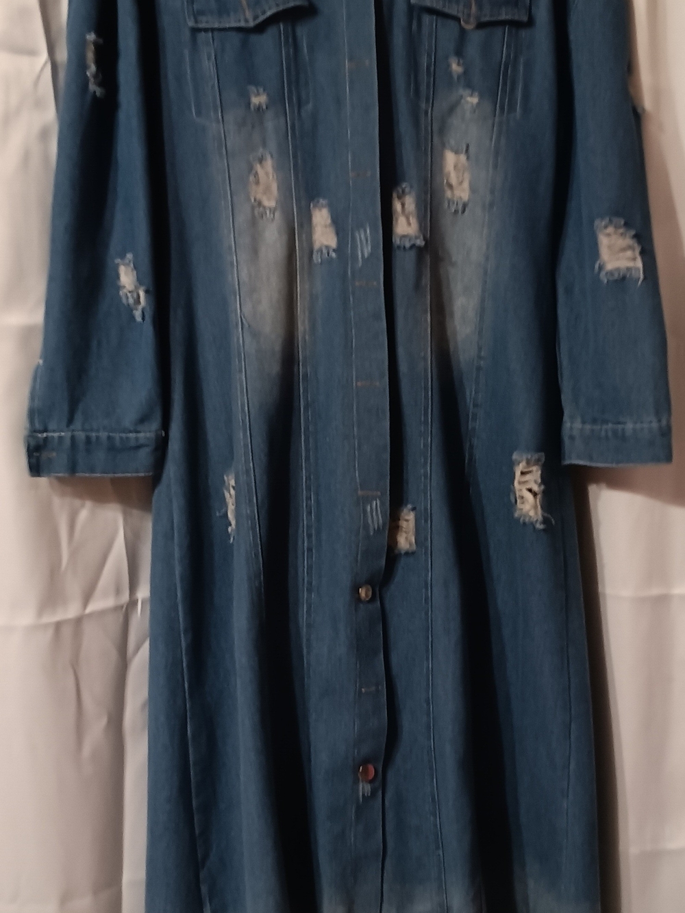 Blue Distressed Denim Women Long Shirt Dress